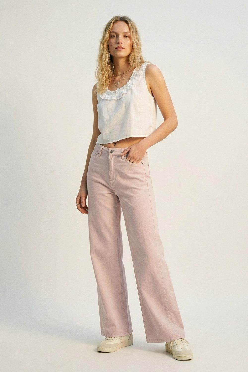 Pantalon large rose clair en sergé léger