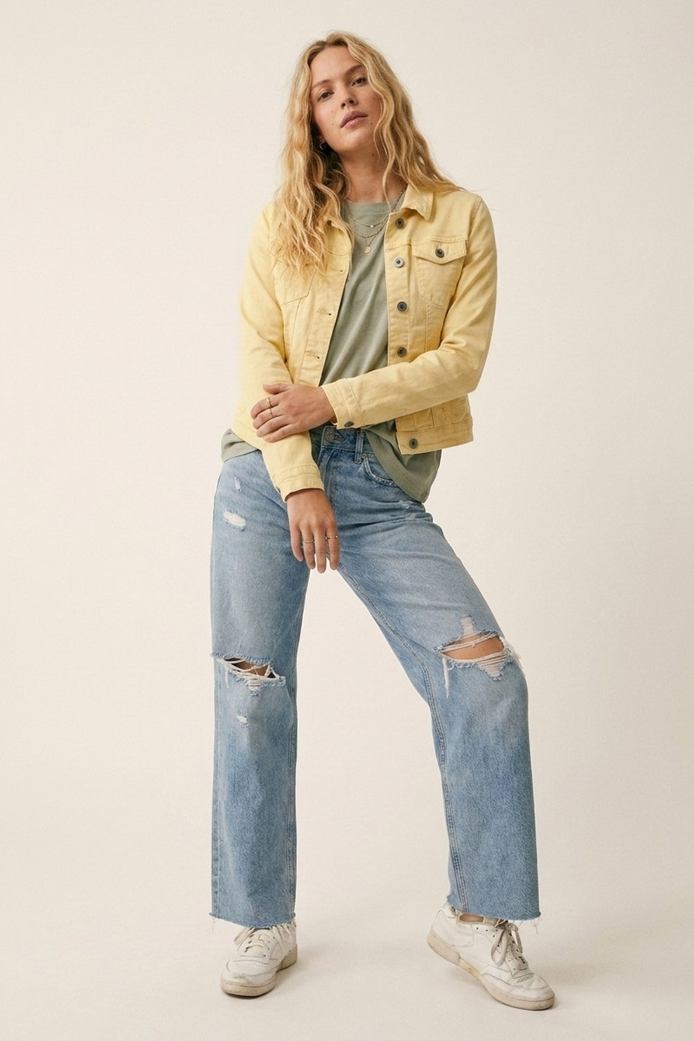 Veste en Jean Jaune Beurre avec Boutons sur le Devant