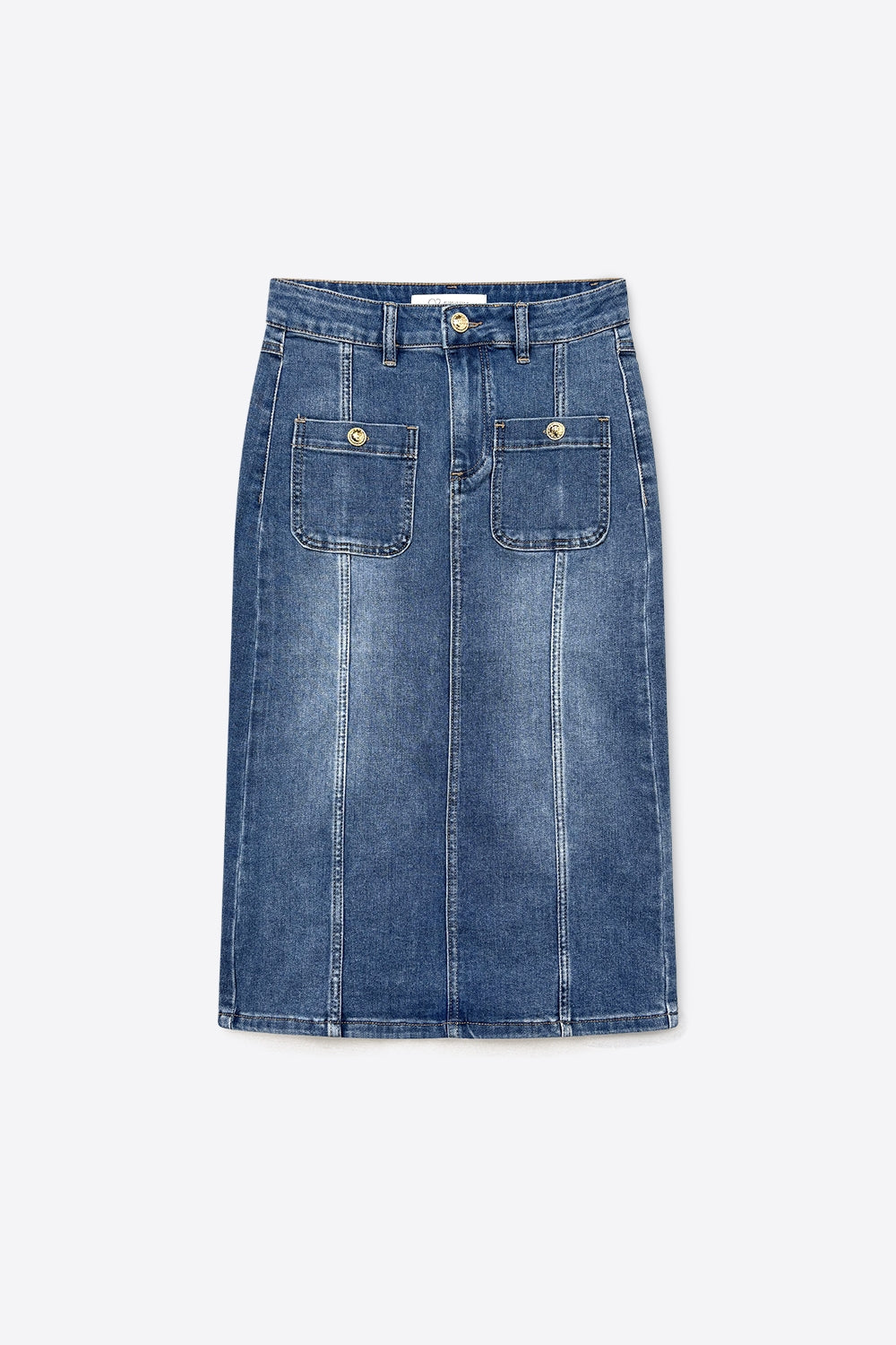 Jupe Midi en Denim Lavage Moyen avec Poches Plaquées à l'Avant