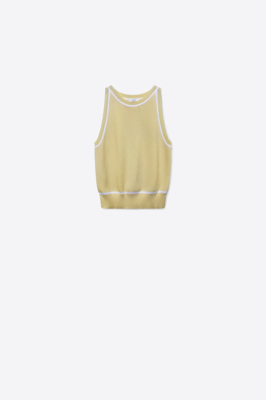 pull tricoté sans manches en jaune beurre avec détails de lignes blanches