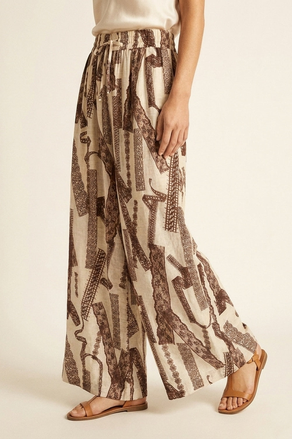 Pantalon Palazzo à Jambe Large Imprimé Crème et Marron à Longueur Cheville