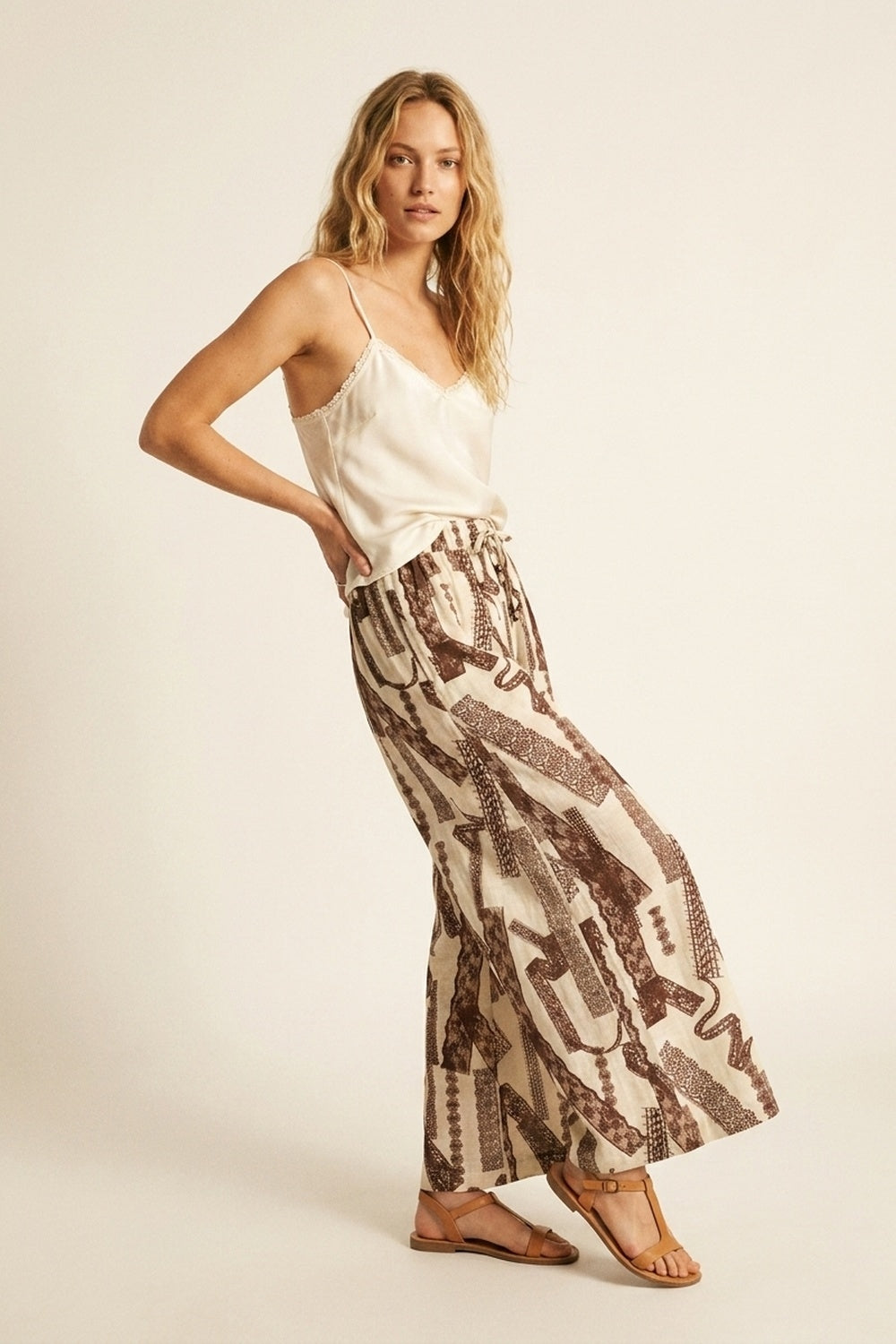 Pantalon Palazzo à Jambe Large Imprimé Crème et Marron à Longueur Cheville