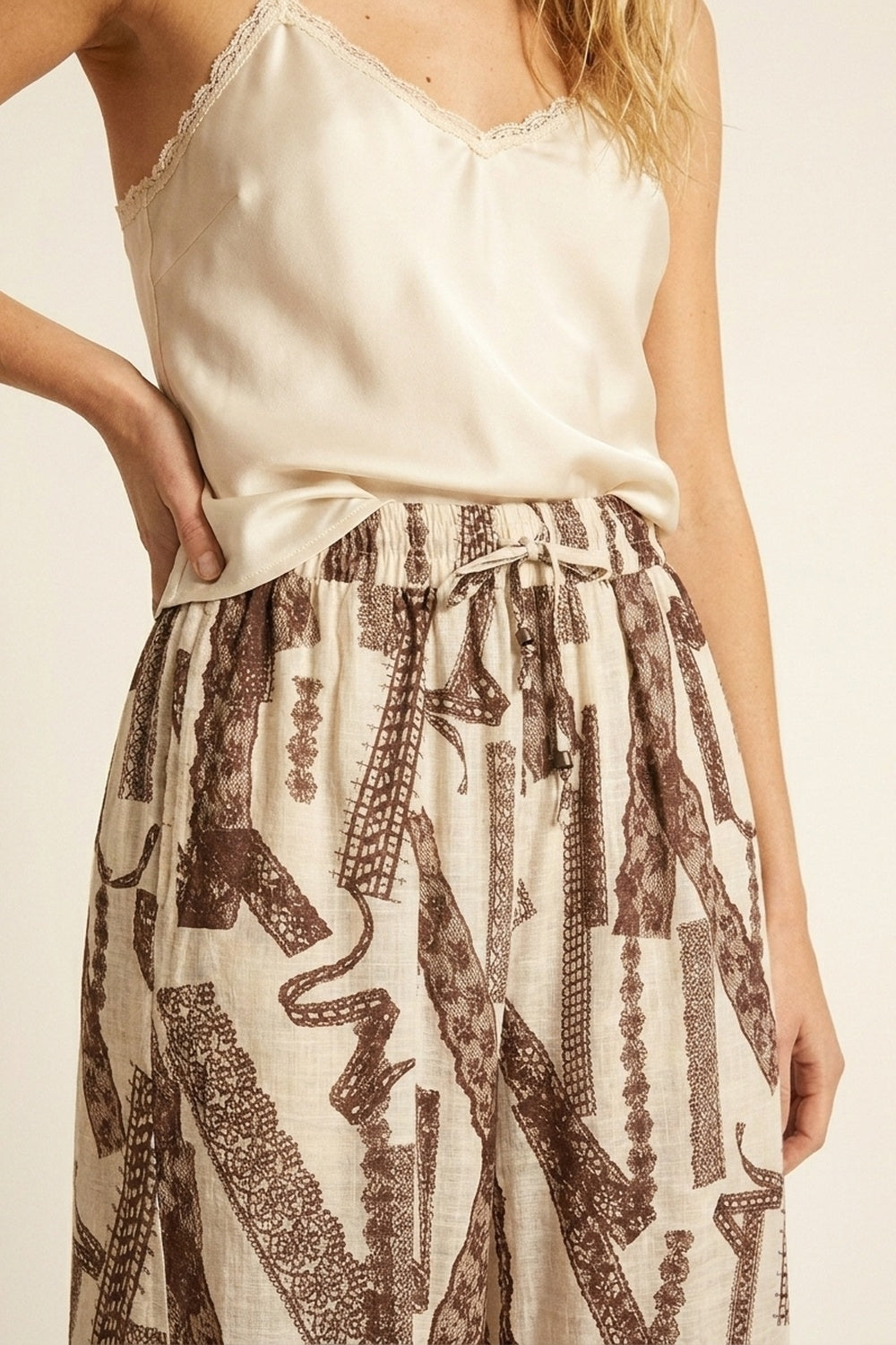 Pantalon Palazzo à Jambe Large Imprimé Crème et Marron à Longueur Cheville