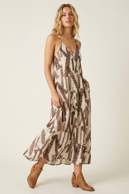 Robe Maxi Flottante Imprimée Crème et Marron