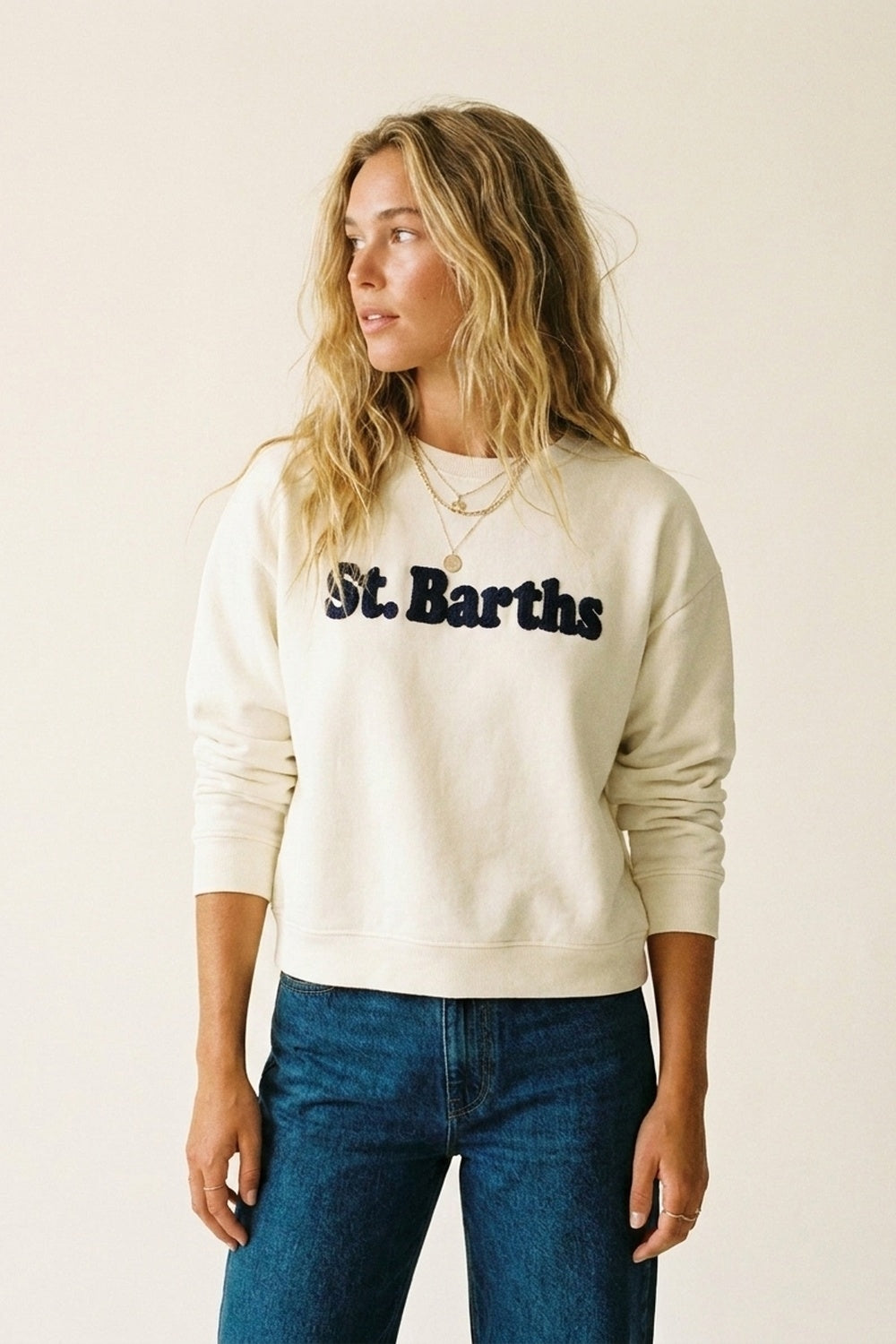 Sweatshirt brodé avec logo St Barths Navy en couleur crème