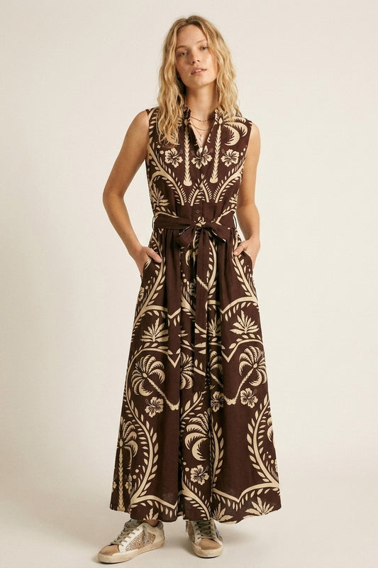 Robe Maxi Imprimée Marron avec Taille Ceinturée