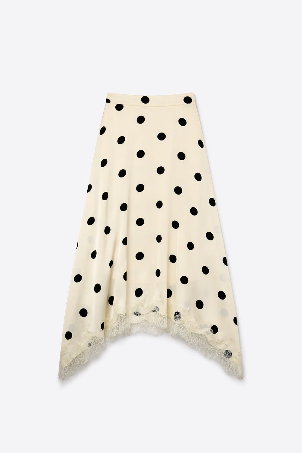 Jupe midi asymétrique en satin imprimé pois crème avec bordures en dentelle