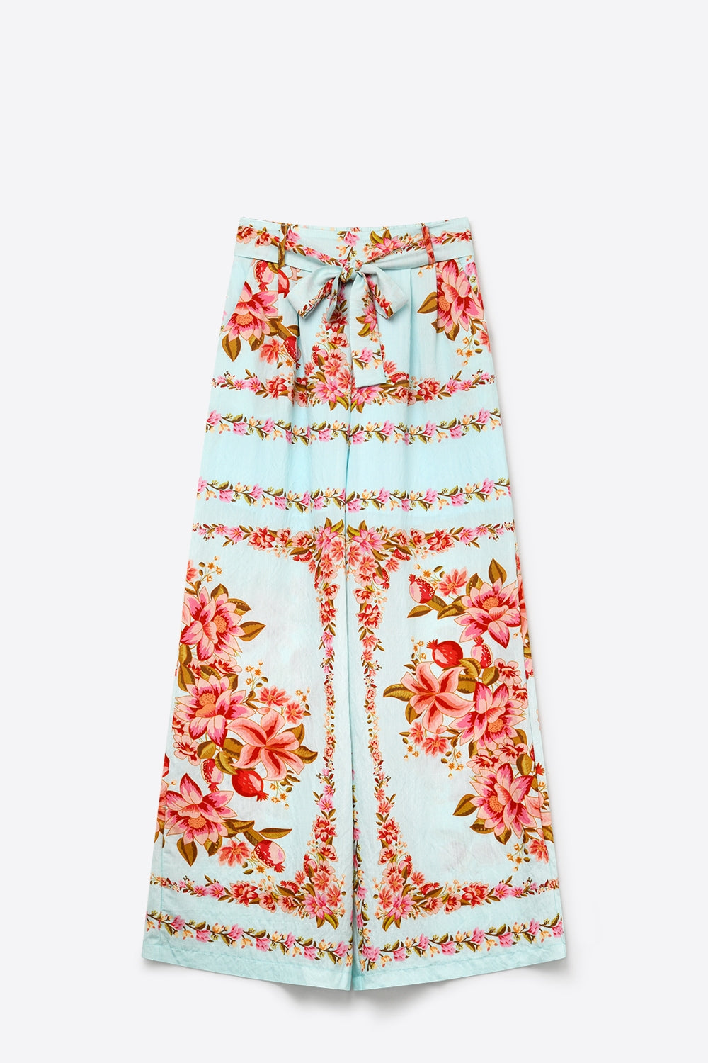 Pantalon large en coton à taille nouée imprimé floral bleu clair