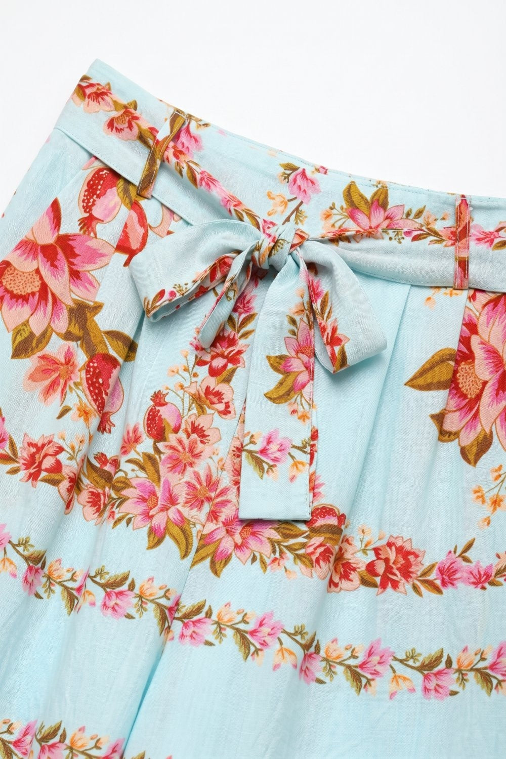 Pantalon large en coton à taille nouée imprimé floral bleu clair