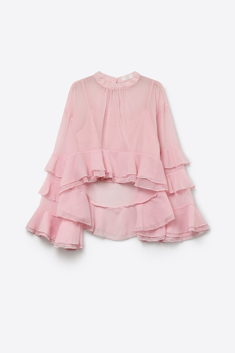 Chemisier asymétrique à col montant et volants en mousseline rose clair