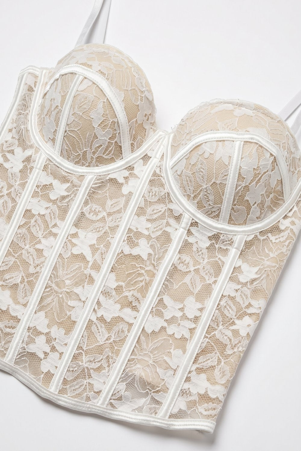 Body Bustier Ajusté en Dentelle Florale Blanche avec Corset Baleiné