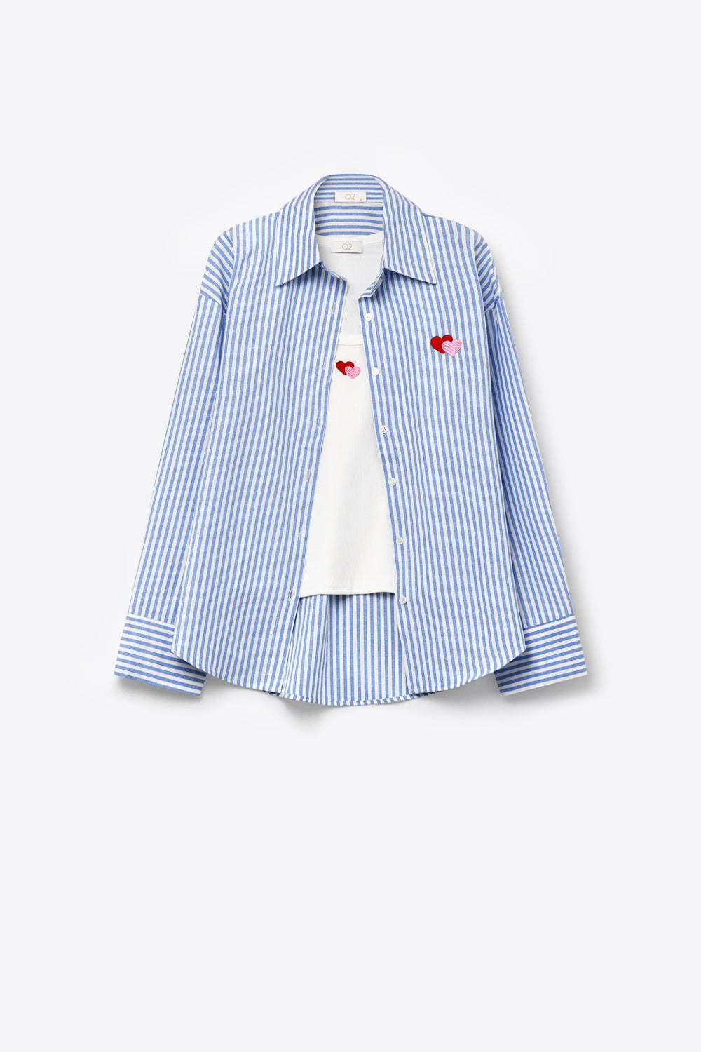 Ensemble de deux pièces : t-shirt et chemise avec cœur brodé en coton à rayures bleues