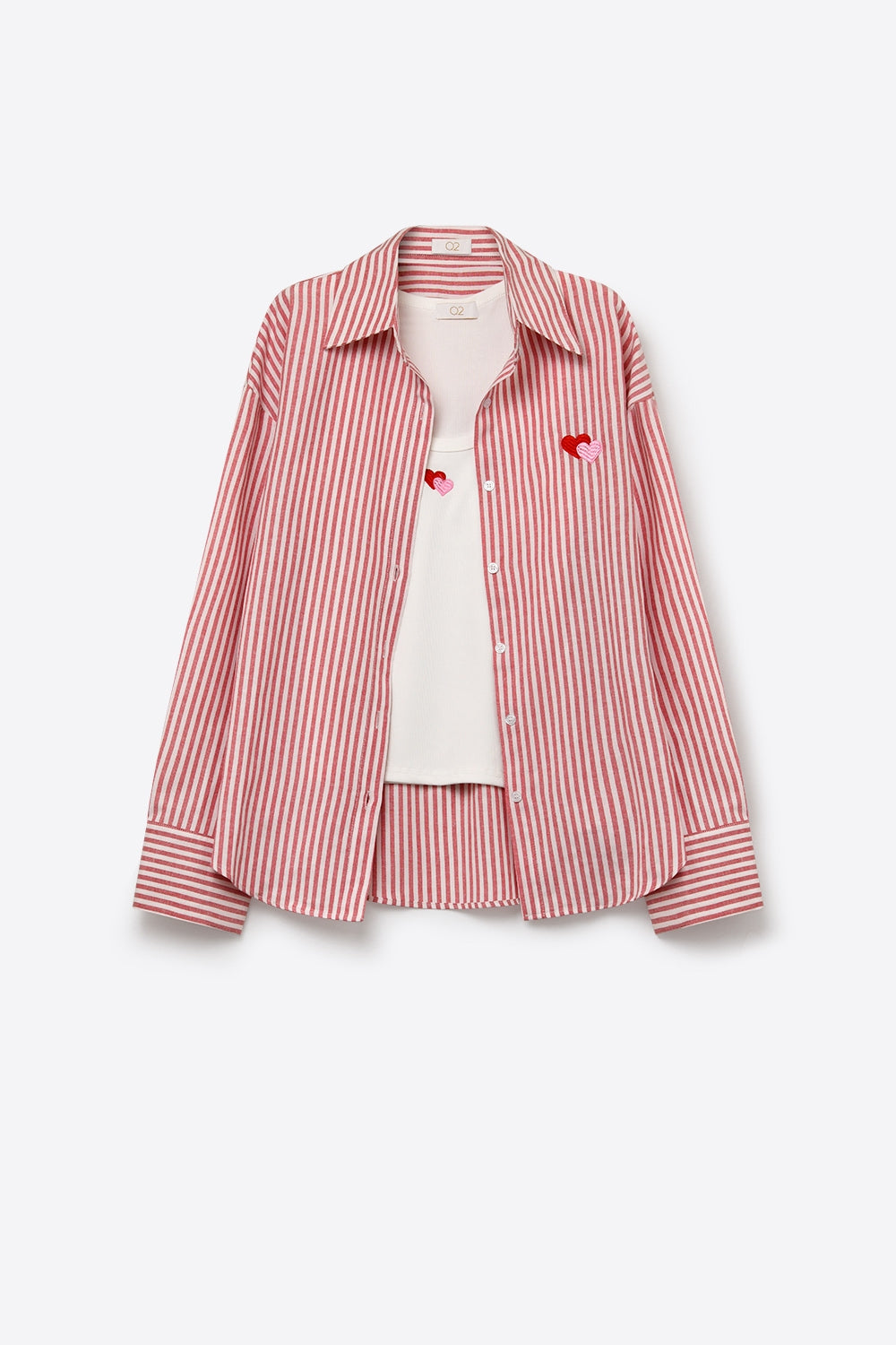 Ensemble de t-shirt et chemise en coton à rayures rouges avec cœurs brodés 2 pièces