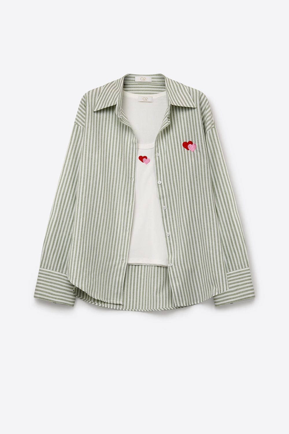Ensemble de t-shirt et chemise en coton vert rayé avec cœur brodé 2 pièces