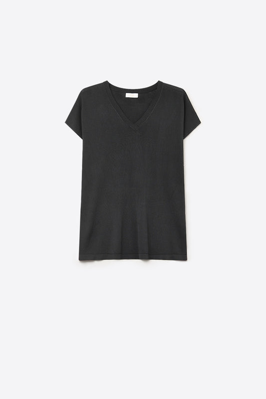 Pull noir en tricot fin à col en V et manches courtes