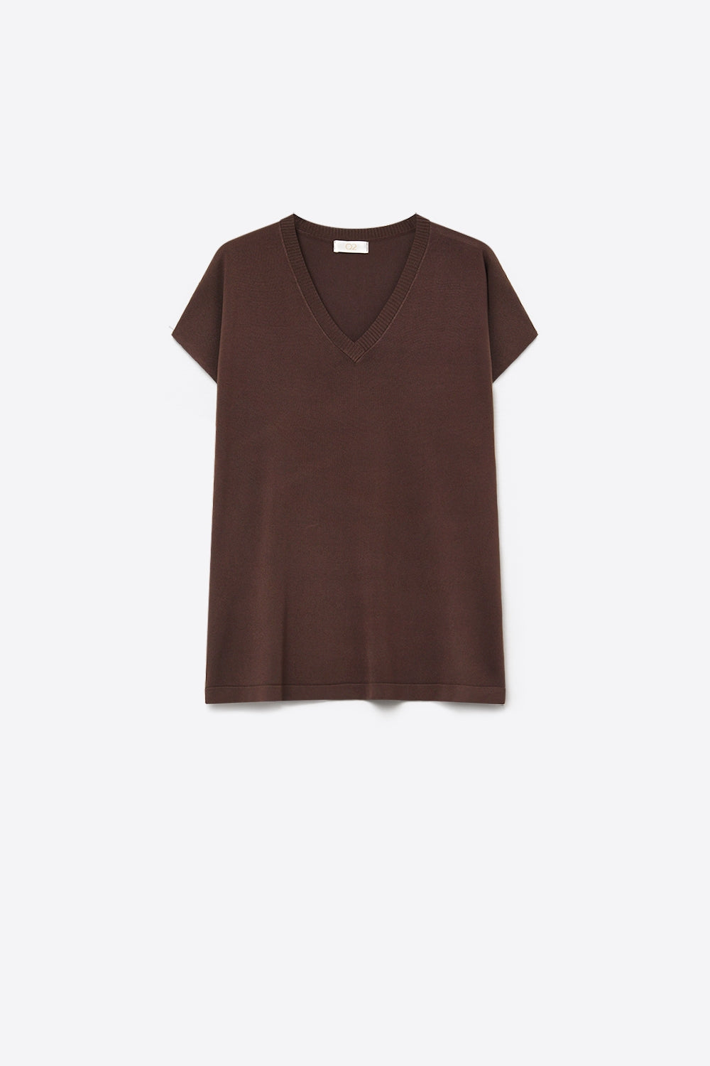 Pull à manches courtes à col en V en tricot fin marron