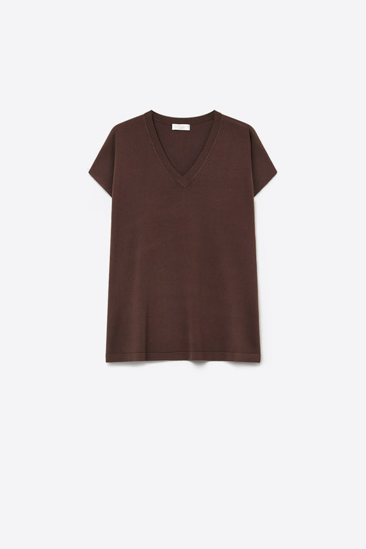 Pull à manches courtes à col en V en tricot fin marron