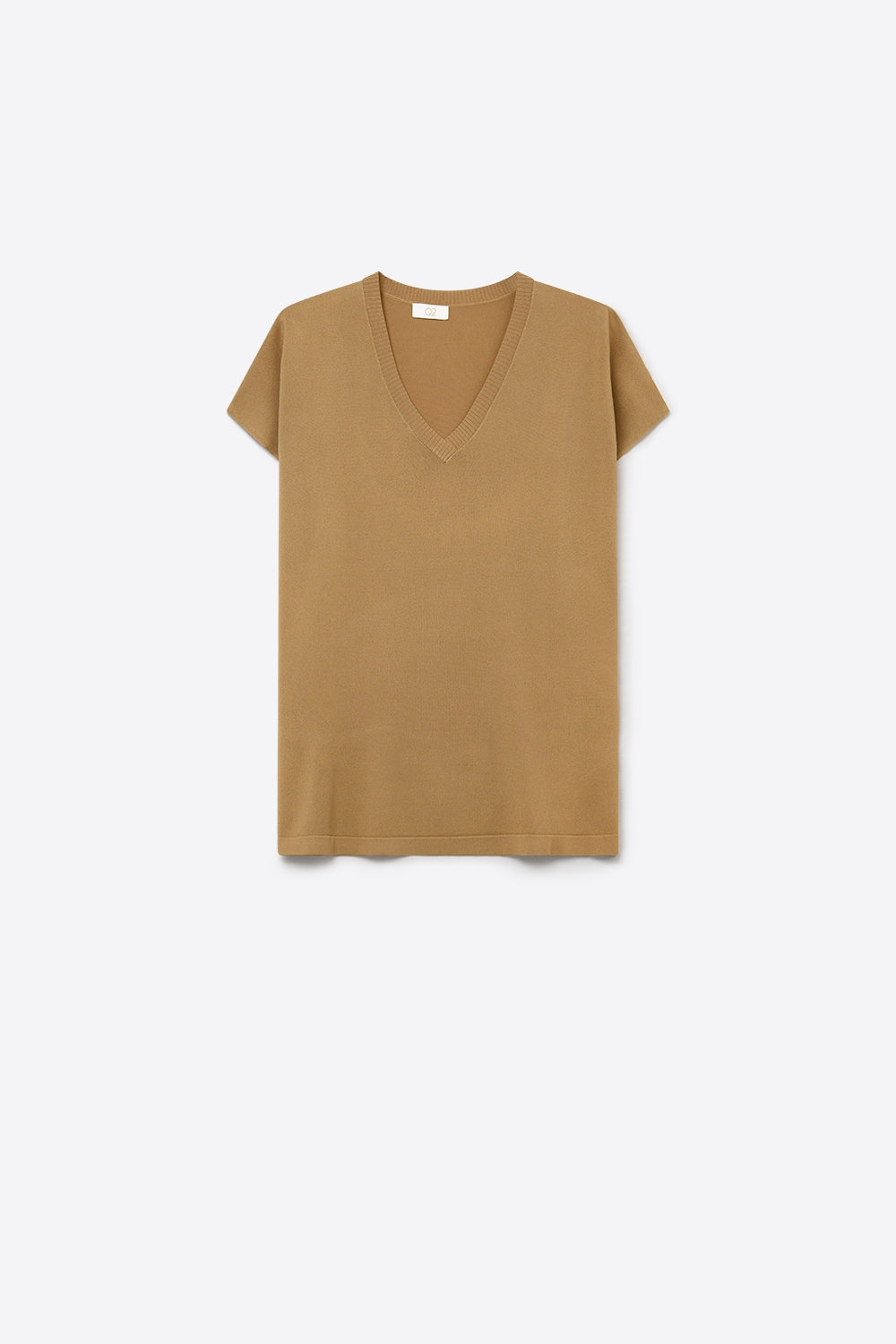 Pull à manches courtes et col en V en maille fine couleur camel