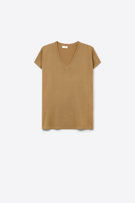 Pull à manches courtes et col en V en maille fine couleur camel