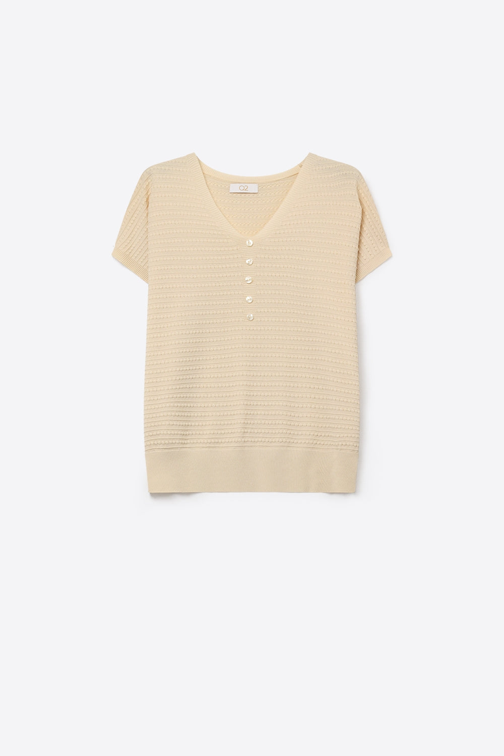 Pull à manches courtes en maille fine texturée avec détails de boutons en beige