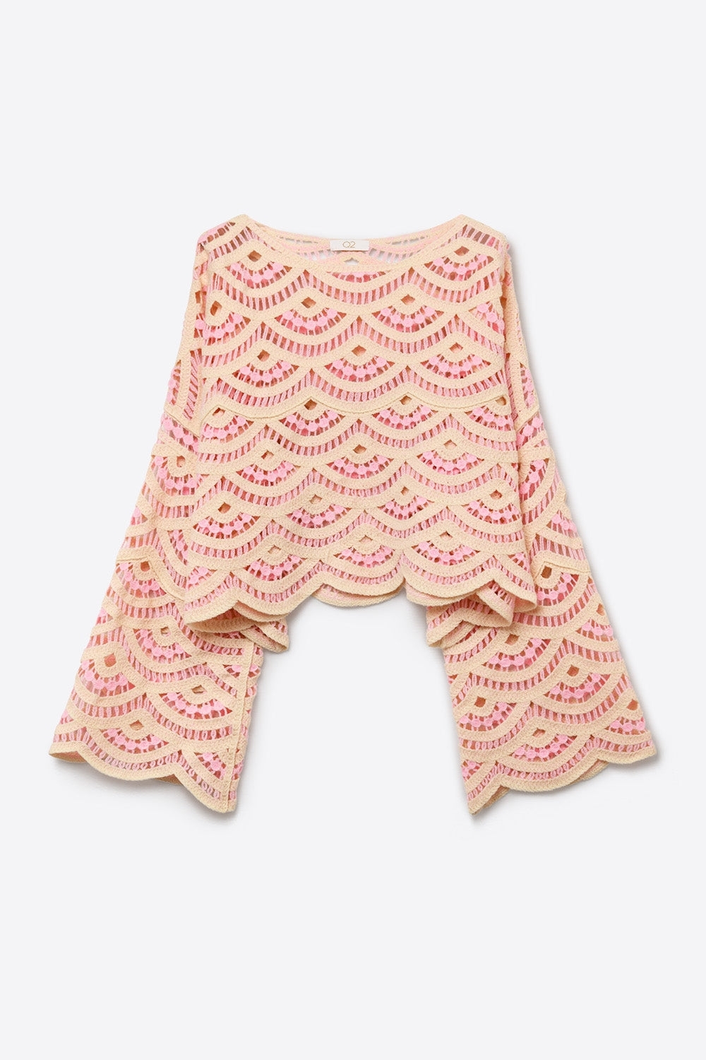 Top en Crochet Beige Rose à Motif Géométrique et Manches Larges