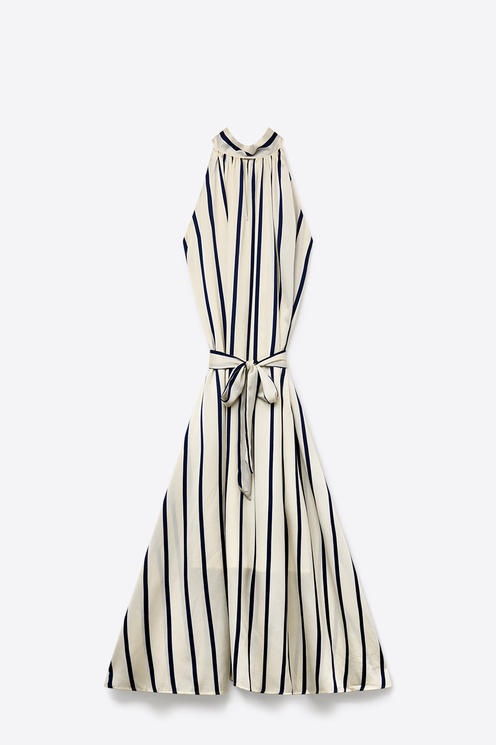 Robe longue en satin à rayures avec dos nu et ceinture à nouer