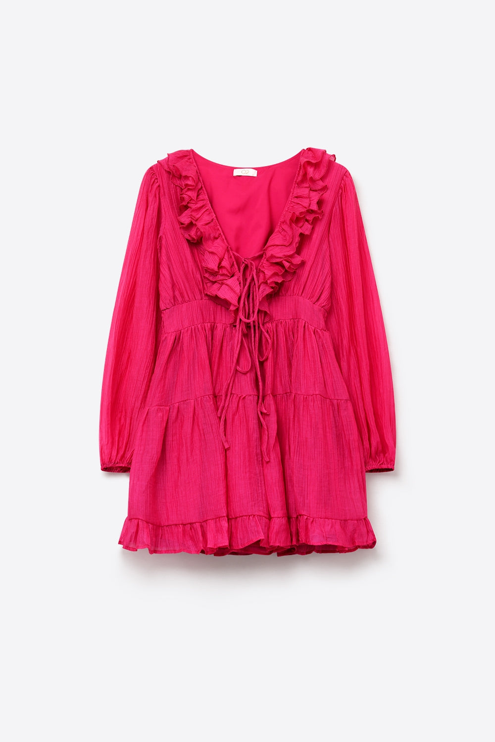Robe mini à volants en mousseline froissée fuchsia avec encolure en V et ceinture à nouer