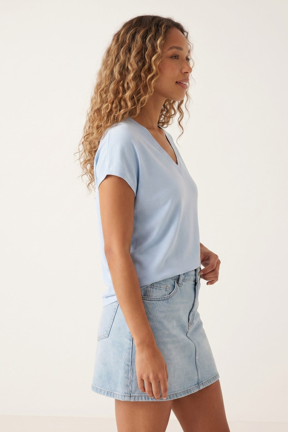 Pull en maille décontracté à col en V bleu clair