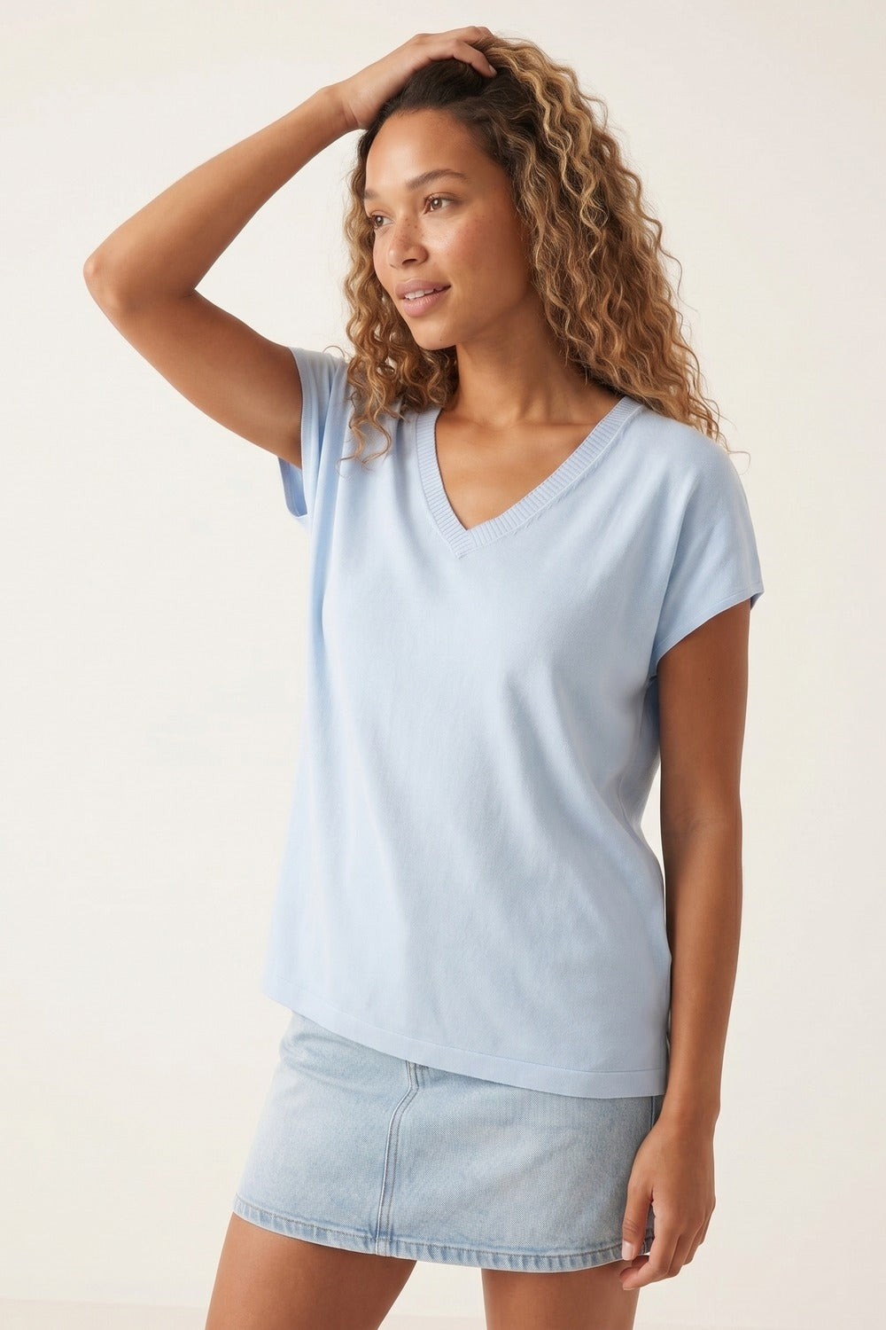 Pull en maille décontracté à col en V bleu clair