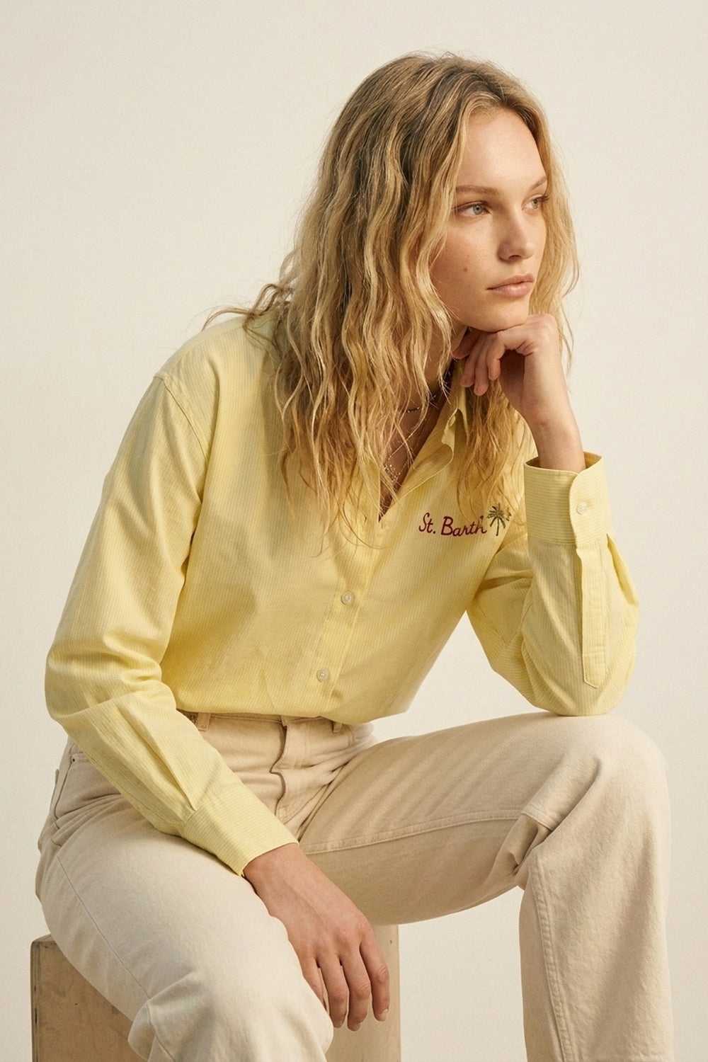 Chemise jaune à rayures avec détails brodés St Barth