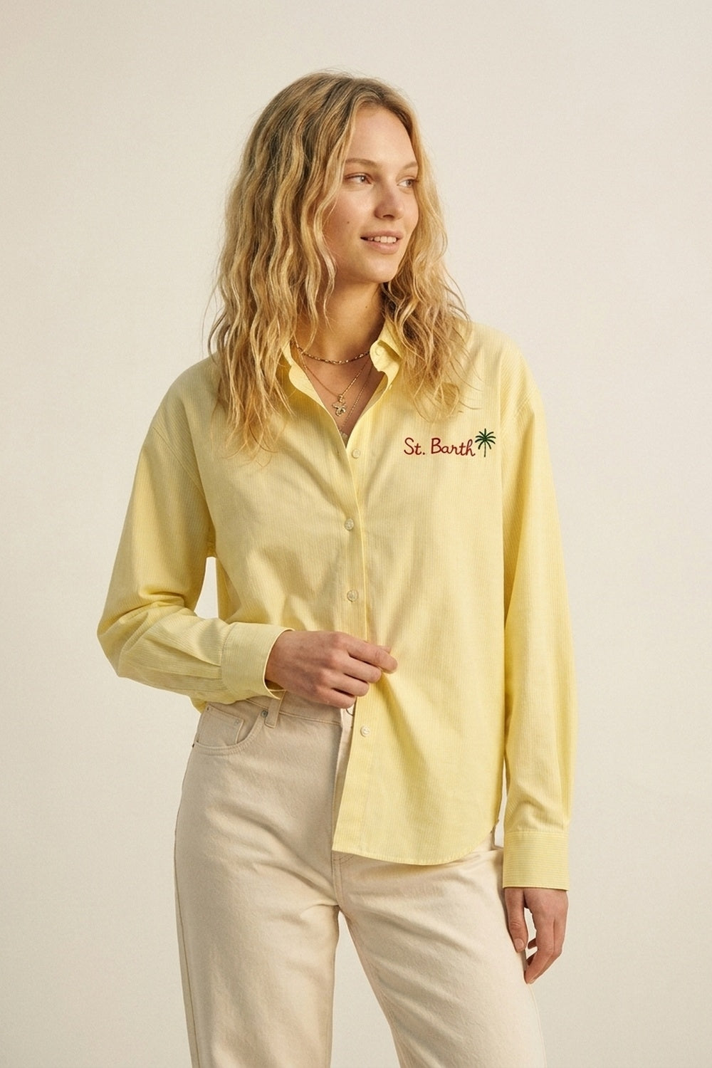 Chemise jaune à rayures avec détails brodés St Barth