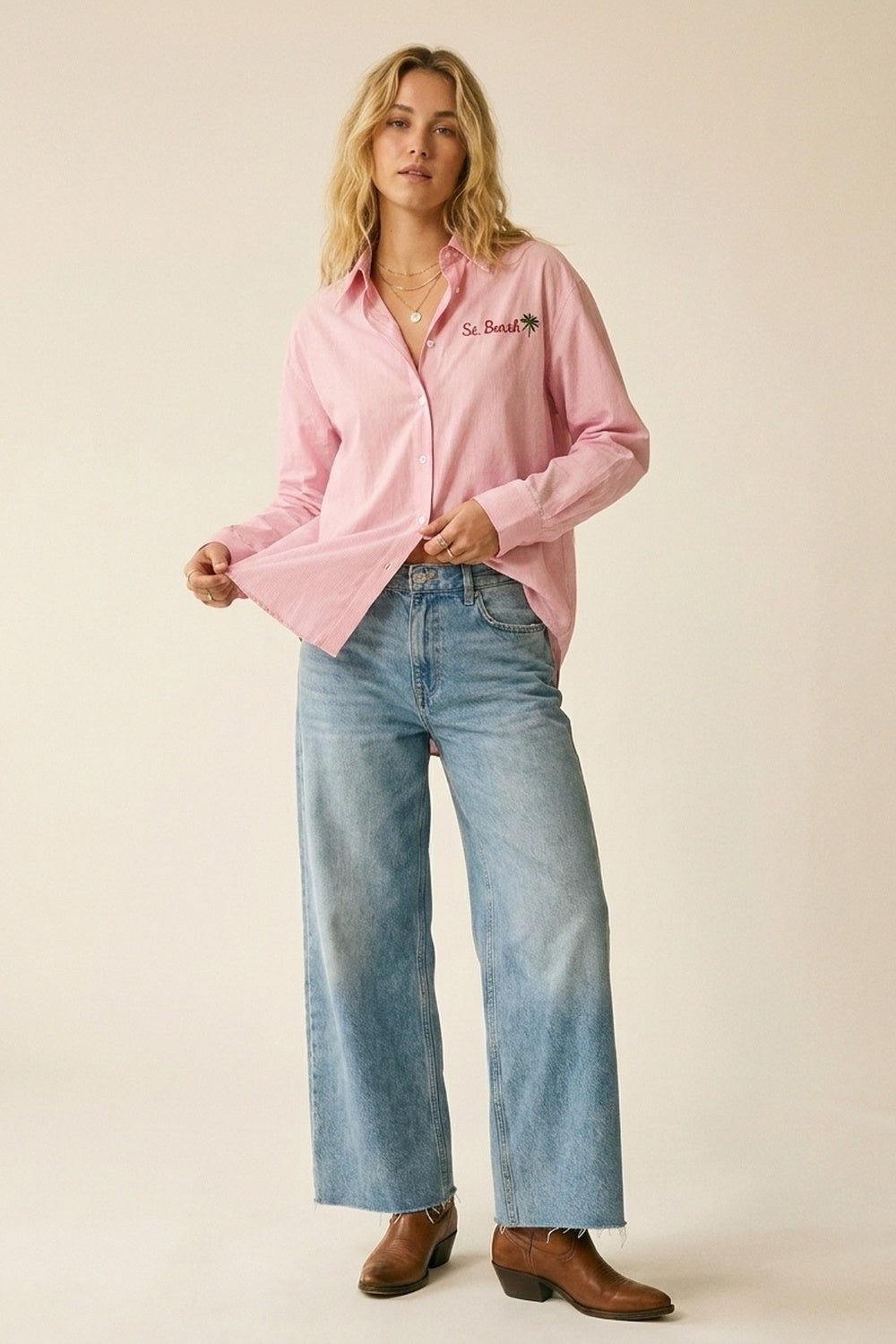 Chemise rose à rayures avec détails brodés St Barth