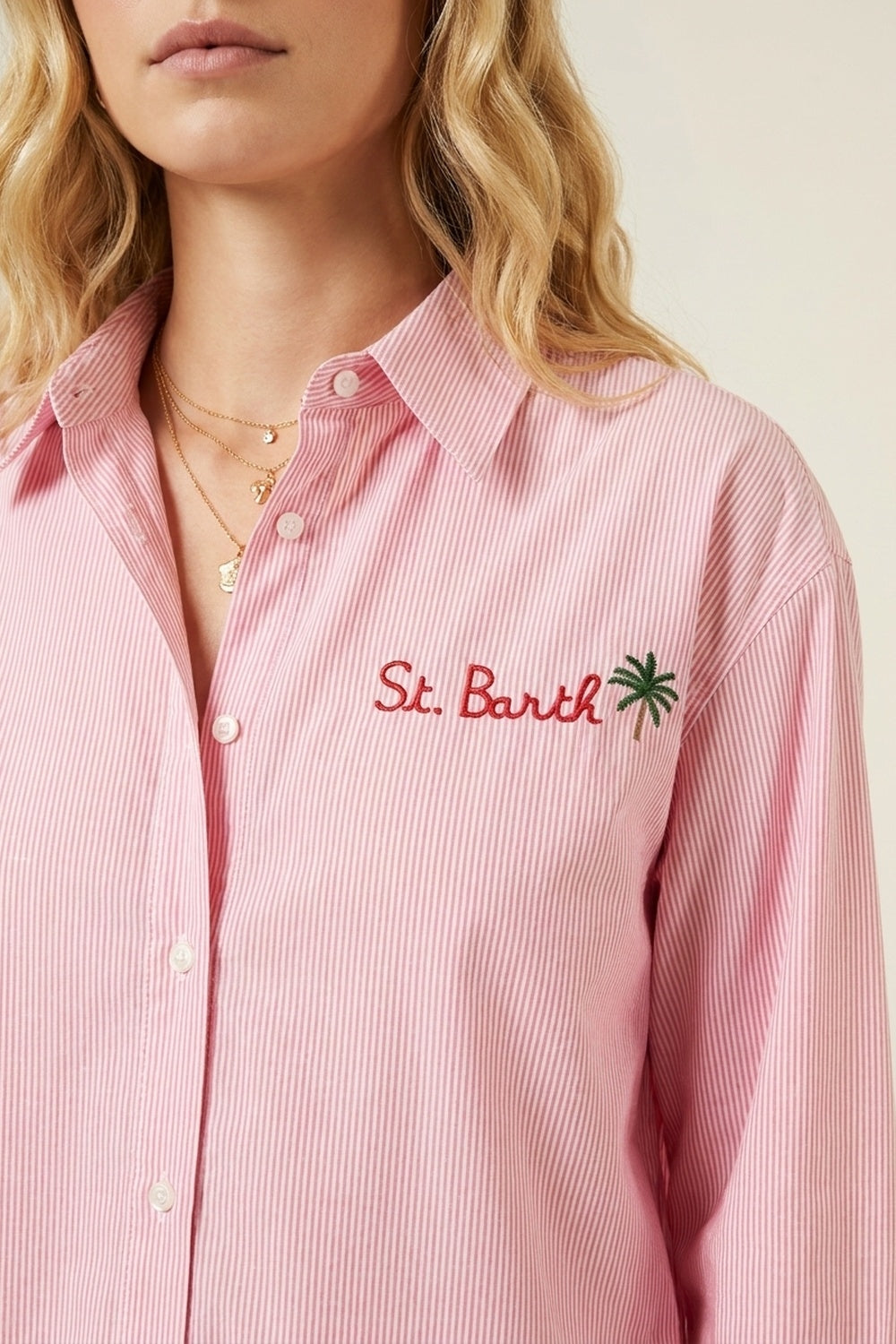Chemise rose à rayures avec détails brodés St Barth