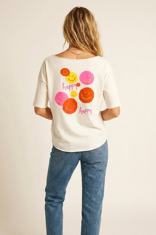 Sweat-shirt décontracté à manches courtes avec visage souriant blanc