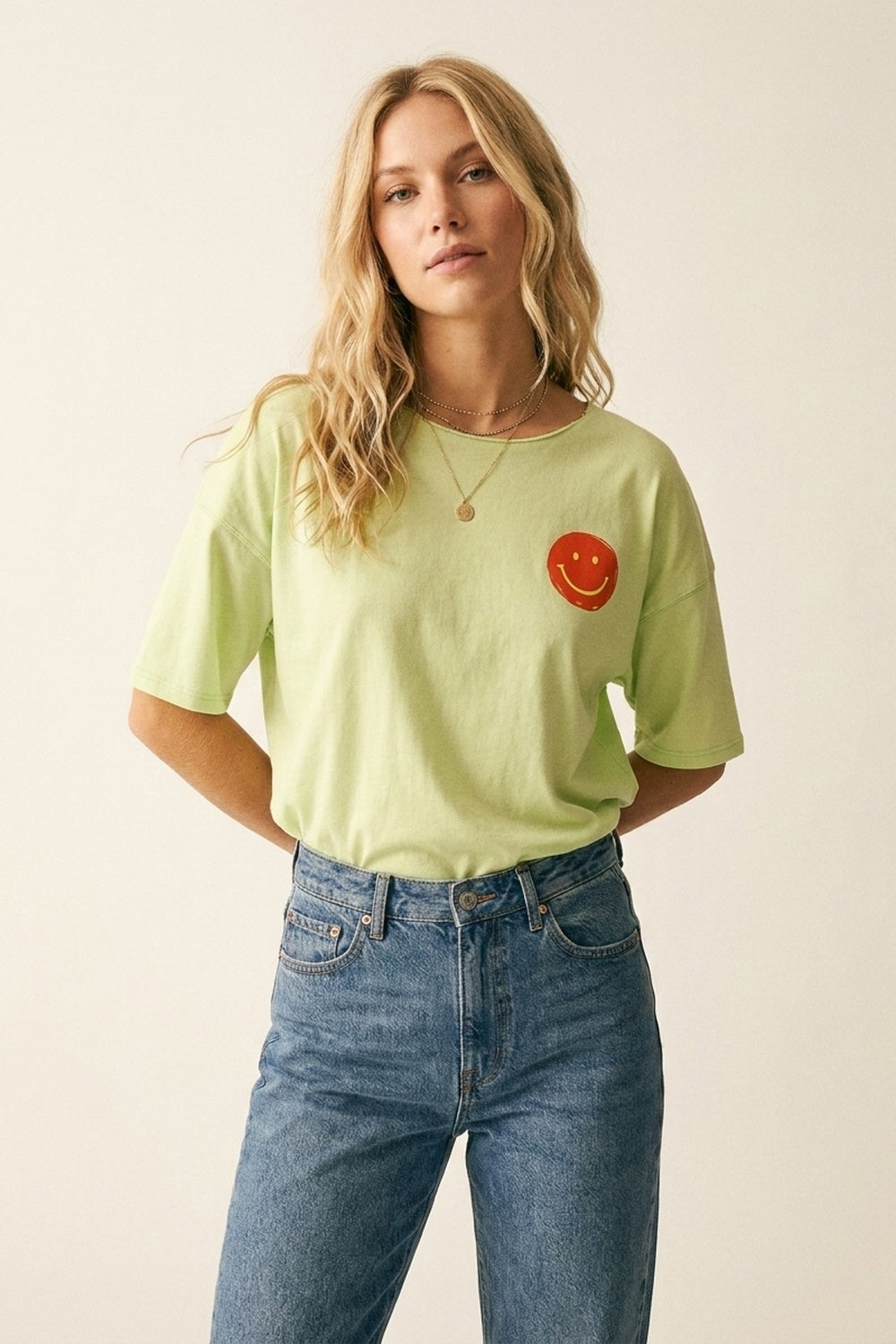 Sweat-shirt graphique à sourire coupe décontractée vert clair
