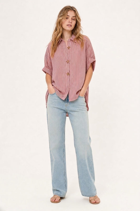 Chemise en popeline à rayures oversize rose avec boutons étoile de mer