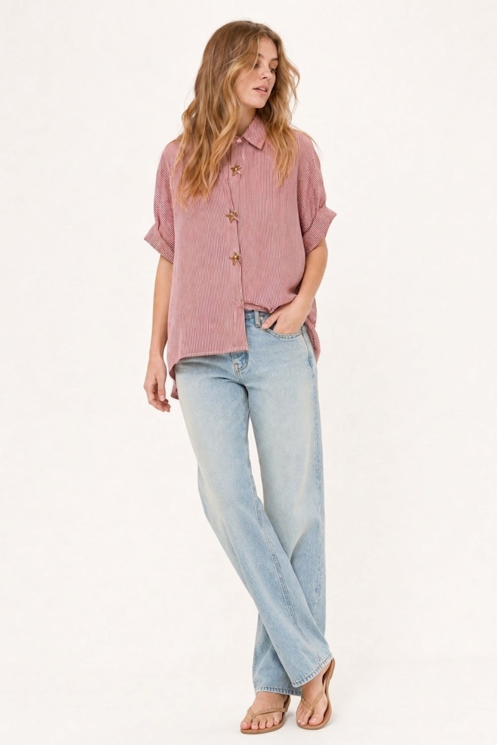 Chemise en popeline à rayures oversize rose avec boutons étoile de mer