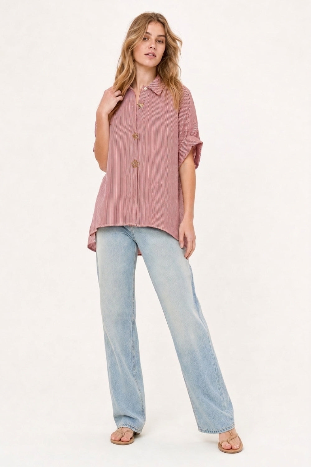 Chemise en popeline à rayures oversize rose avec boutons étoile de mer