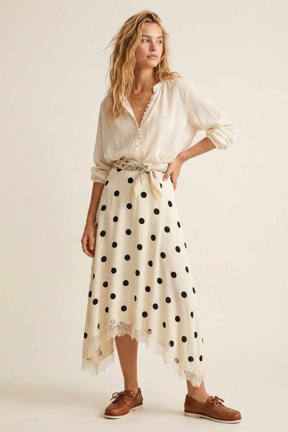 Jupe midi asymétrique en satin imprimé pois crème avec bordures en dentelle