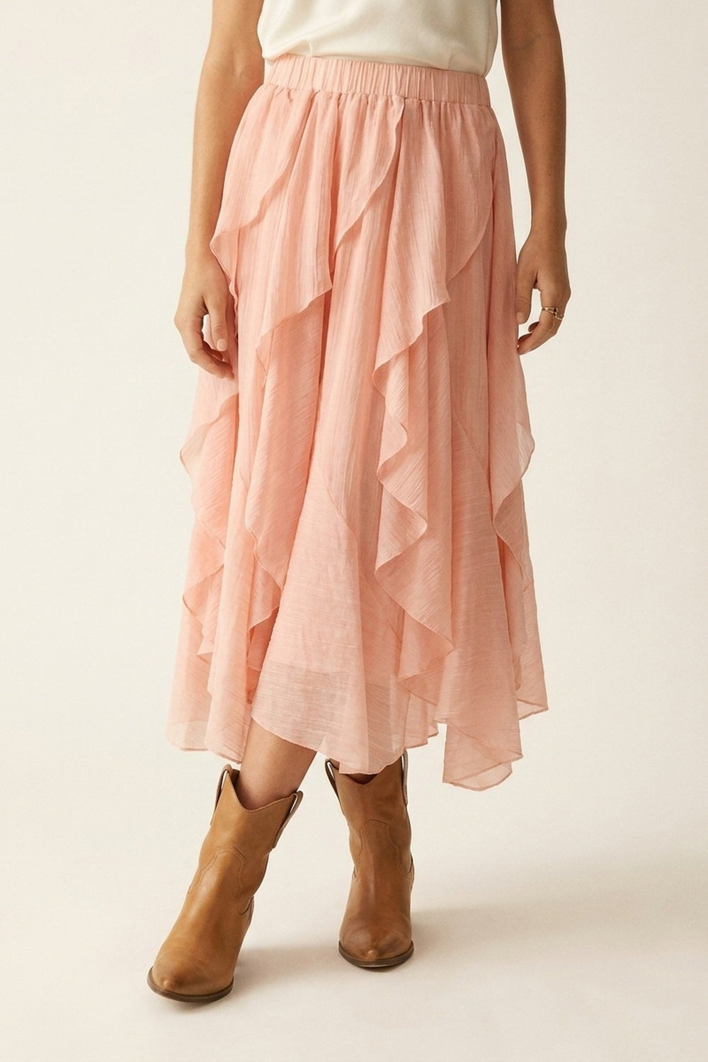 Jupe midi asymétrique à volants en tissu léger rose