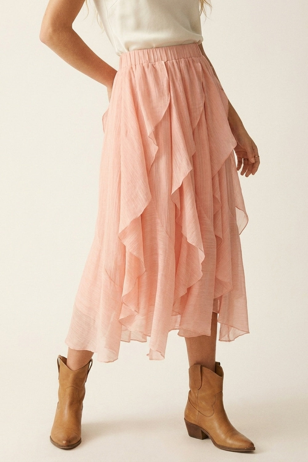 Jupe midi asymétrique à volants en tissu léger rose