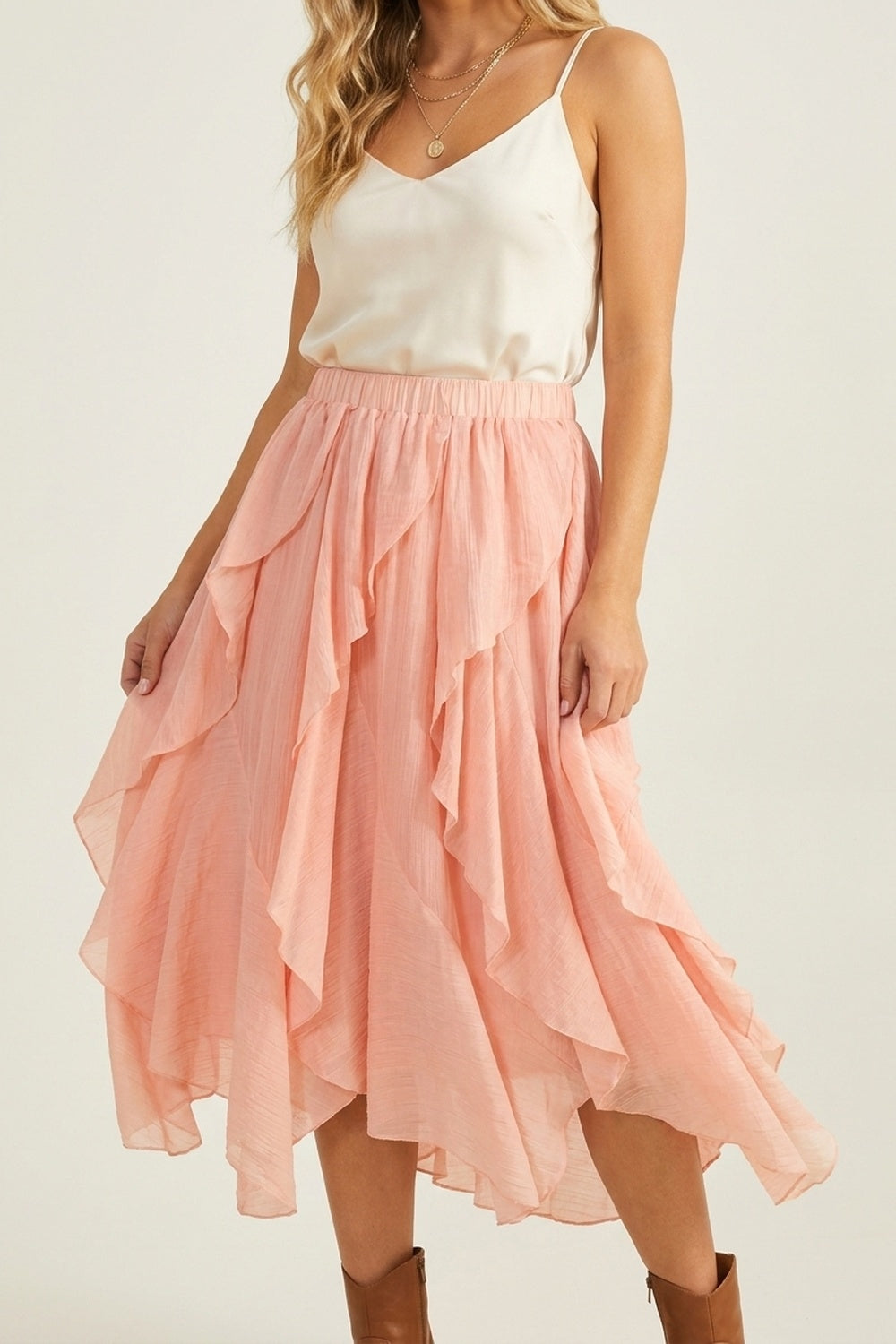 Jupe midi asymétrique à volants en tissu léger rose