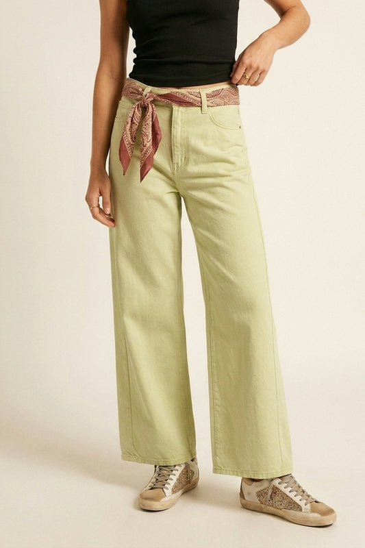 Pantalon en sergé de coton élastique à jambes extra larges en vert menthe