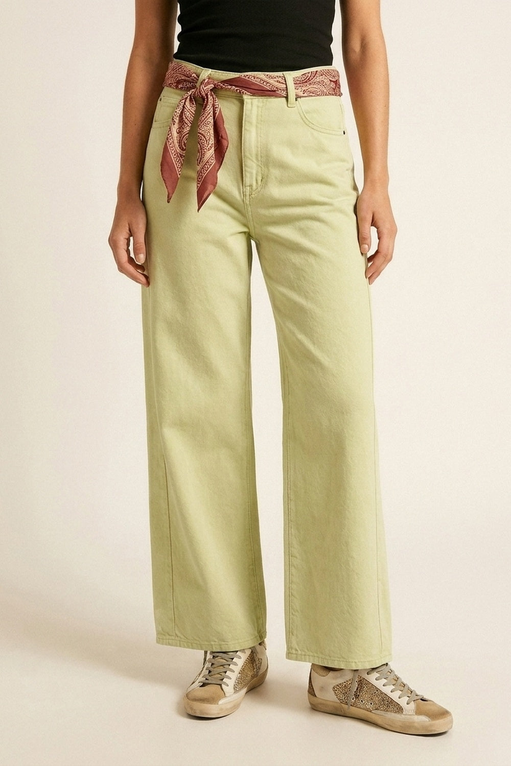 Pantalon en sergé de coton élastique à jambes extra larges en vert menthe