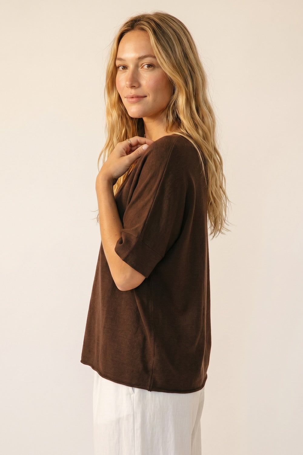 Top Marron en tricot décontracté à col en V et manches courtes