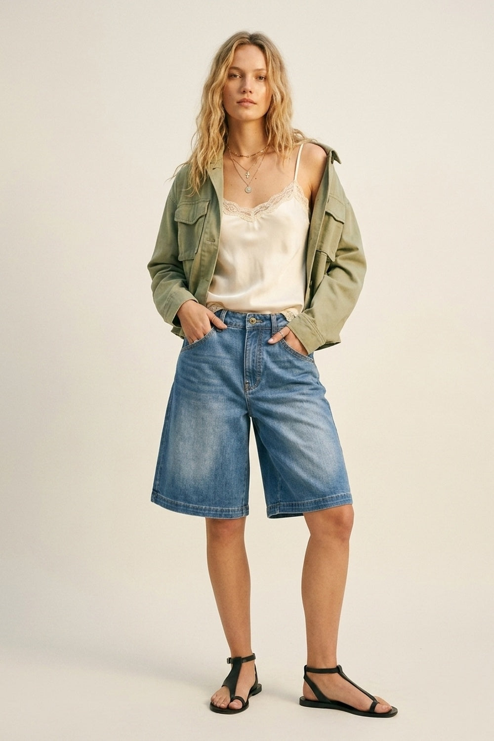 Short à jambes larges en denim bleu légèrement délavé