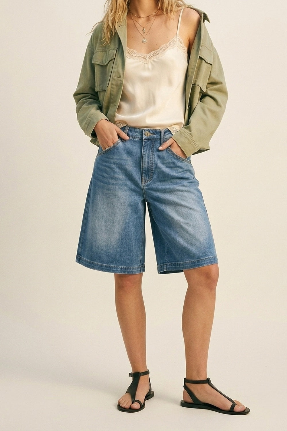 Short à jambes larges en denim bleu légèrement délavé