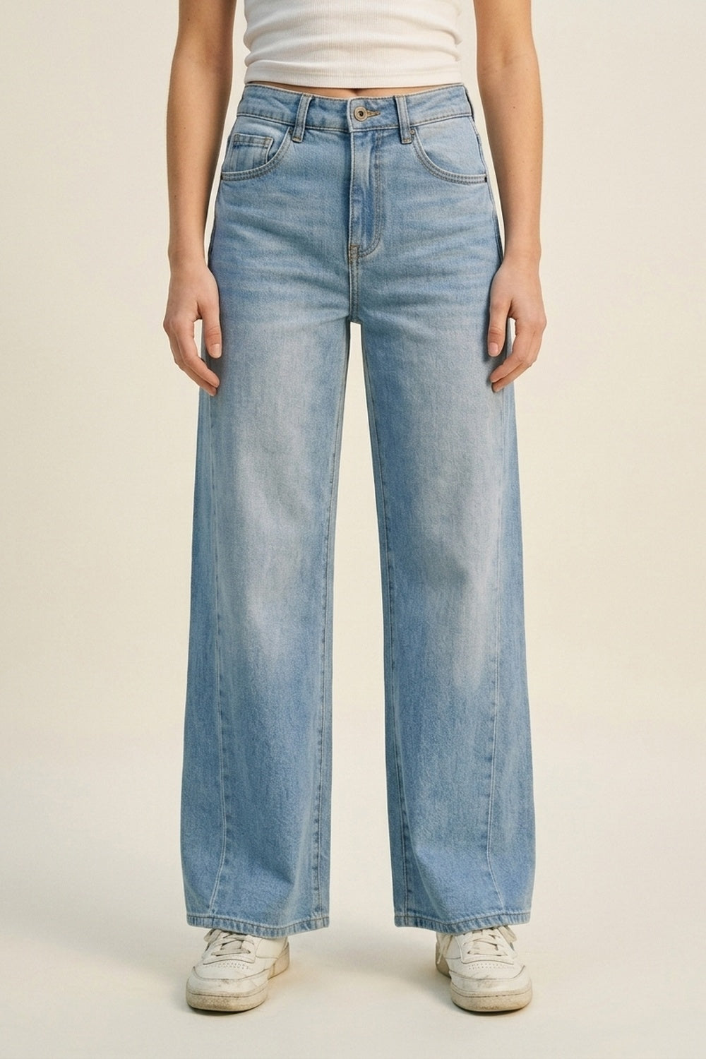 Jean en denim à taille haute et à jambe large bleu clair