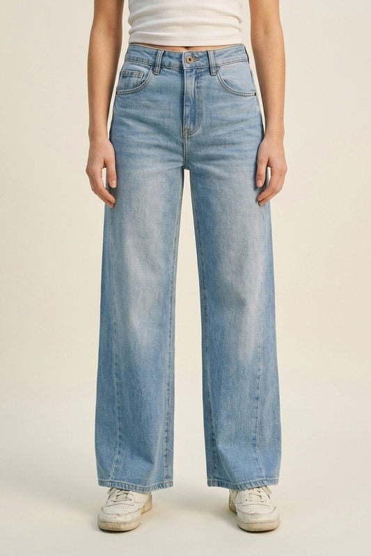 Jean en denim à taille haute et à jambe large bleu clair