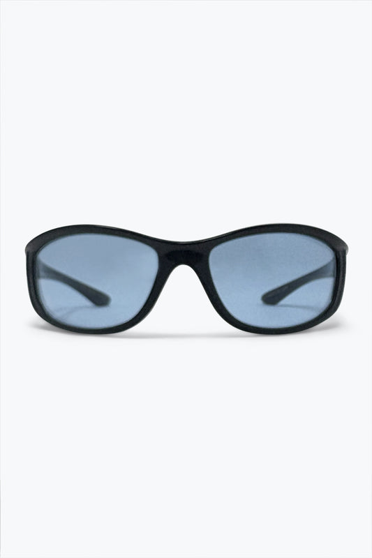Lunettes de soleil rétro classiques avec monture ovale noire et verres bleus